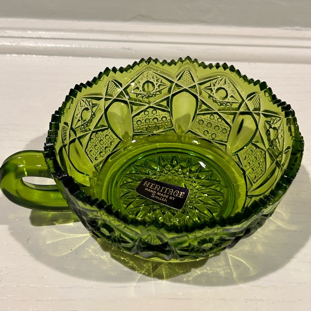 Vintage L.E. Smith Quintec Heritage Apple Green Glass Nappy Dish with Handle